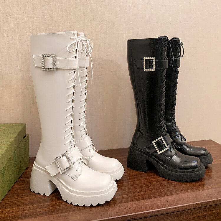 Karin Luna In Stock Spot Goods Bestselling Extended Version Rhinestone Square Buckle Thick Sole Lace-up Thick Sole Full Cowhide Knight Boots