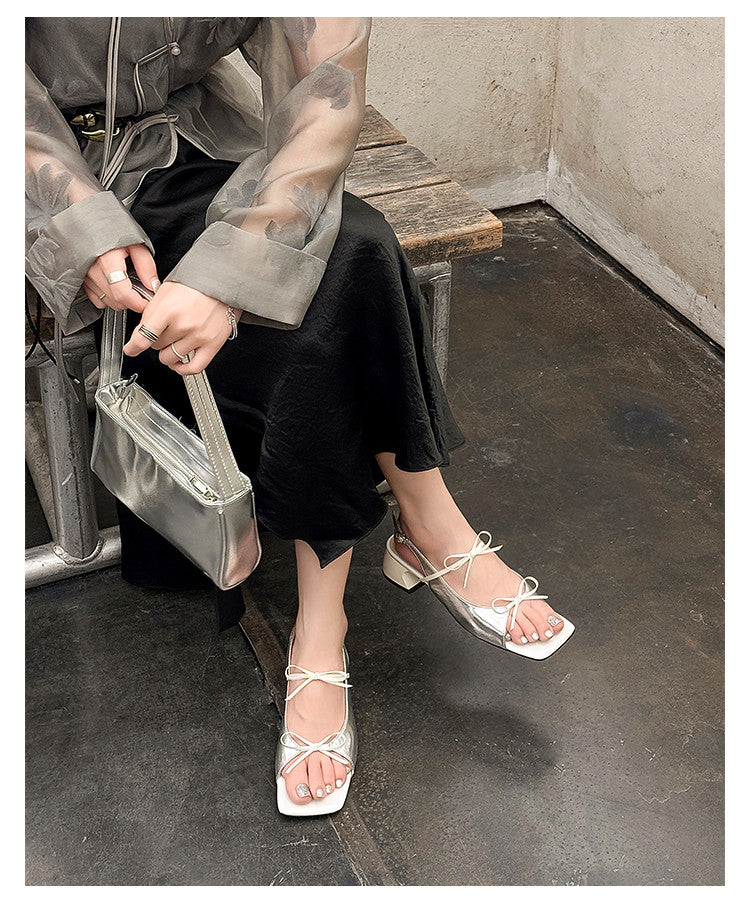 Karin Luna In Stock Spot Goods Square Toe Double Bow Thick Heel Sandals