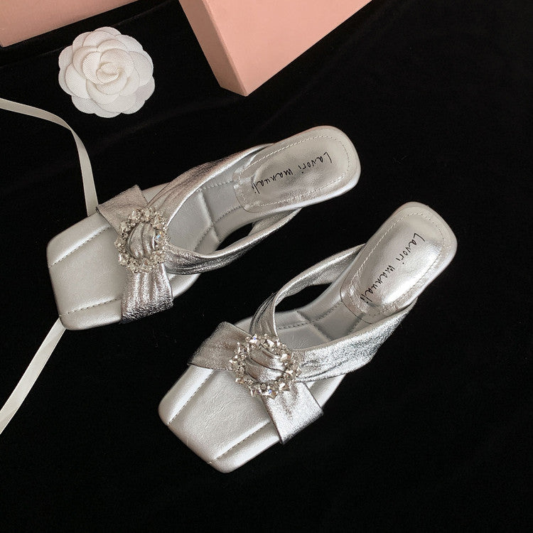 Karin Luna In Stock In Stock Elegant Square-Toe Cross-Strap Rhinestone Square-Toe Slippers