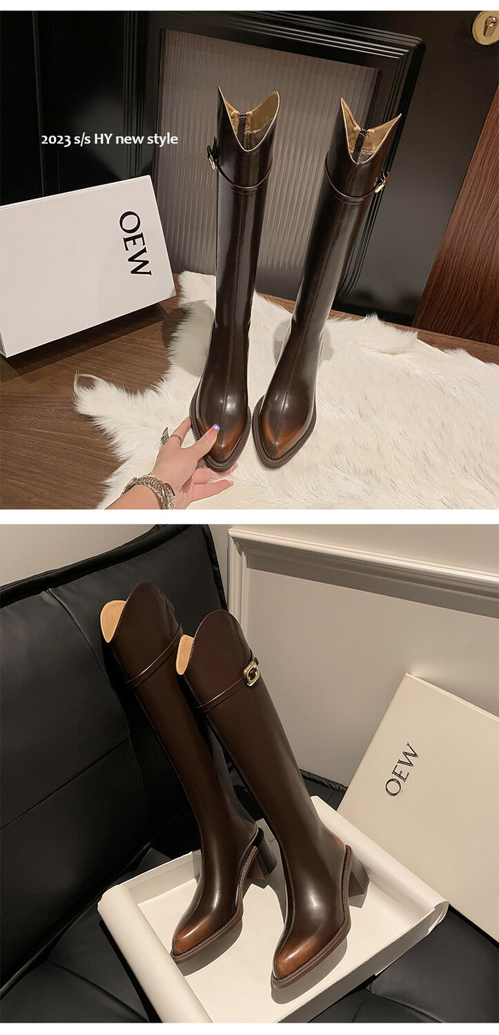 Karin Luna Bestseller  Popular Understood everything  Basic Elegant Outfit Pointed Toe Chunky Heel Full Cowhide I Am A Knight Boots