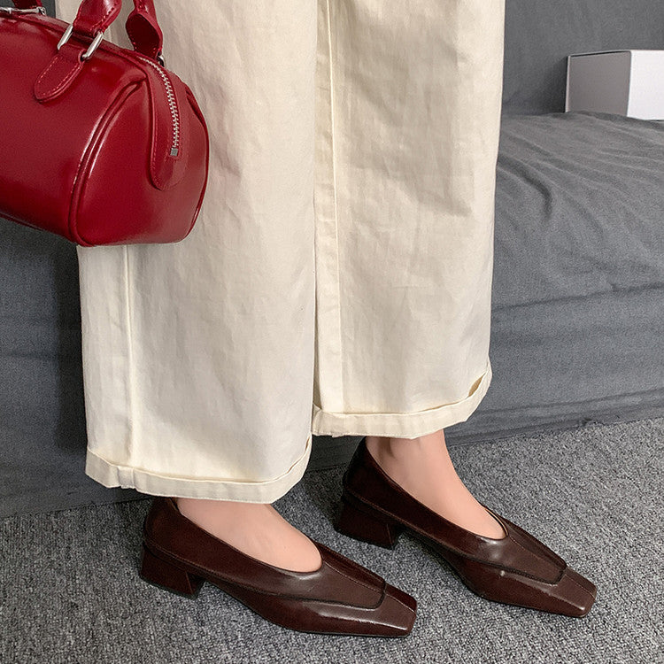 Karin Luna In Stock Spot Goods  Retro Full Leather Square Toe Shallow Mouth Single Shoes