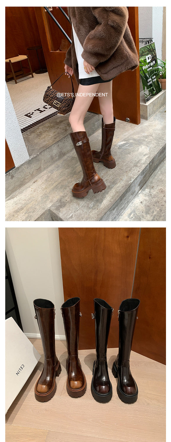 Karin Luna In Stock In Stock  Round Toe Thick Sole Belt Buckle Side Zipper Knight Boots