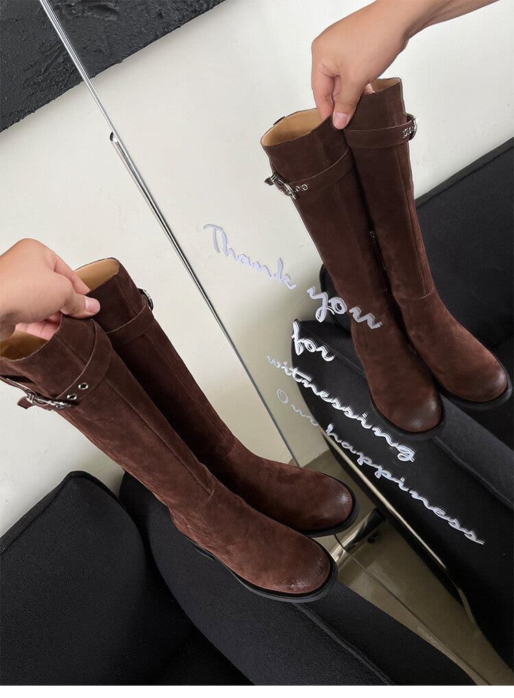 Karin Luna Chunky Heels Round Head Belt Buckle  Fashionable Suede Boots