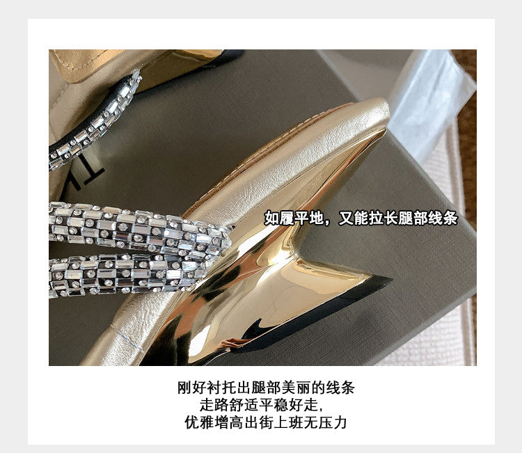 Karin Luna In Stock Spot Goods  Rhinestone One-Strap Irregular Heel Square-Toe Slippers