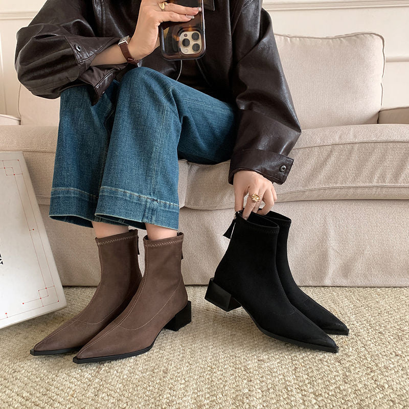 Karin Luna In Stock In Stock Elastic Slim Pointed Toe Chunky Heel Basic Ankle Boots