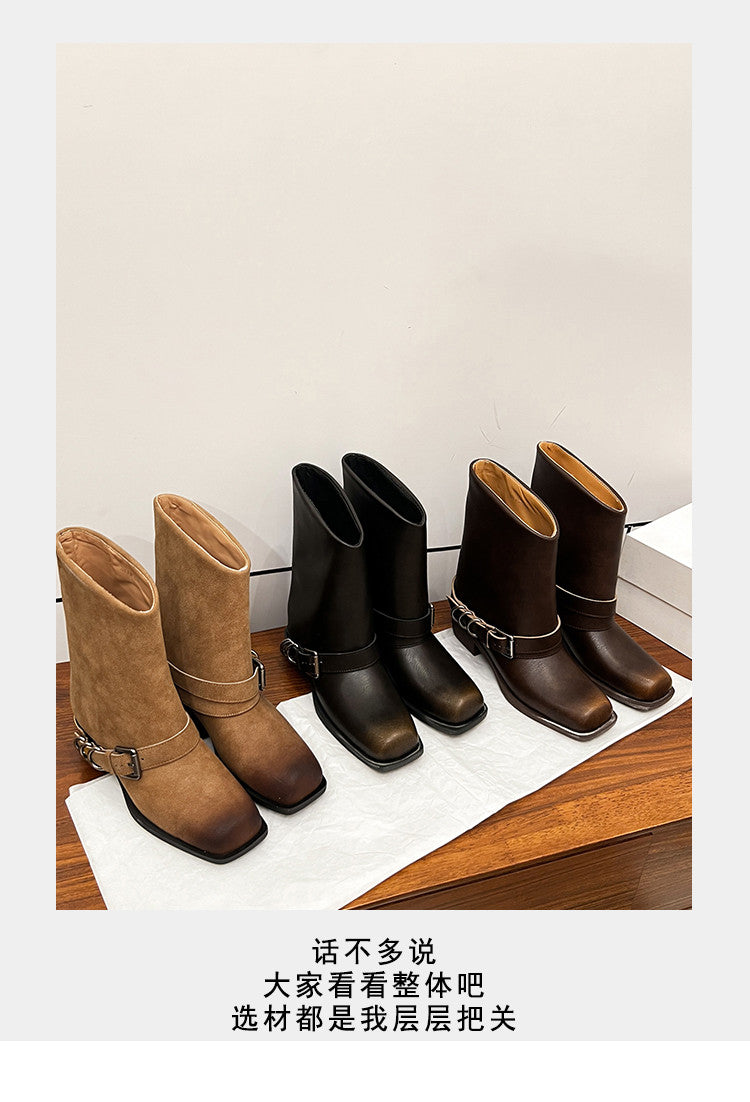 Karin Luna Elegant Style Square Toe Belt Buckle Pants Boot Short Boots