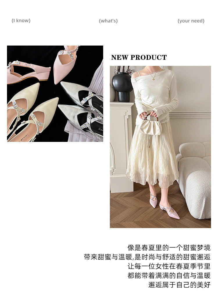 Karin Luna Elegant Pointed Toe Rhinestone Flower High Heel Mules