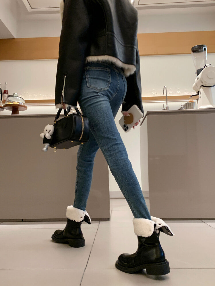 Karin Luna Classic Basic Style   Convertible Foldable Hidden Buckle Snow Fur Shoes Full cowhide Basic Flat Short Boots