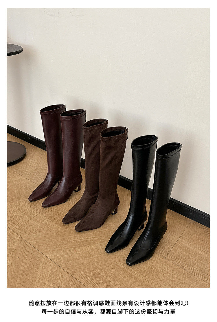 Karin Luna In Stock In Stock  Square Toe Chunky Heel Korean Style Elegant Long Boots