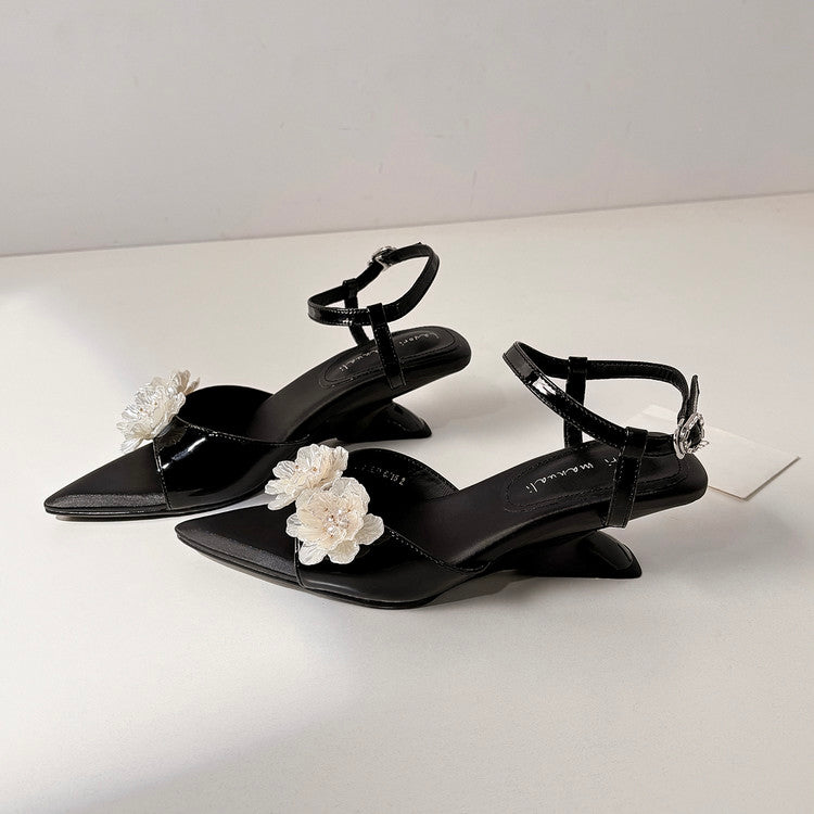 Karin Luna In Stock Spot Goods  Classic Camellia Pointed Toe Elegant Irregular Heel Sandals