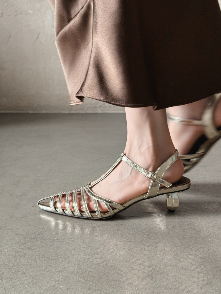 Karin Luna French Hollow Toe Metal Heel Elegant Sandals
