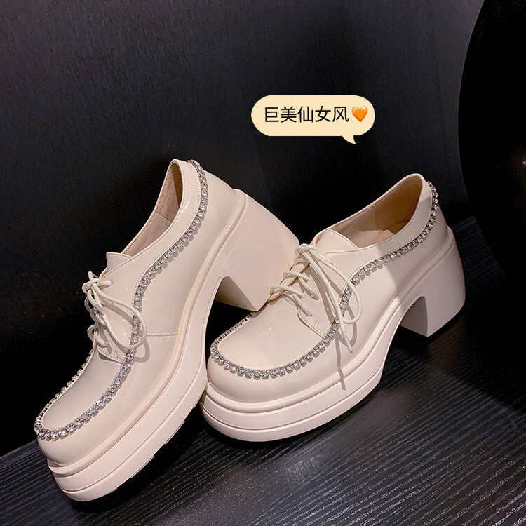 Karin Luna In Stock In Stock  Rhinestone Shoe Edge Trim Lace-up Thick Sole Loafers Best-selling in stock