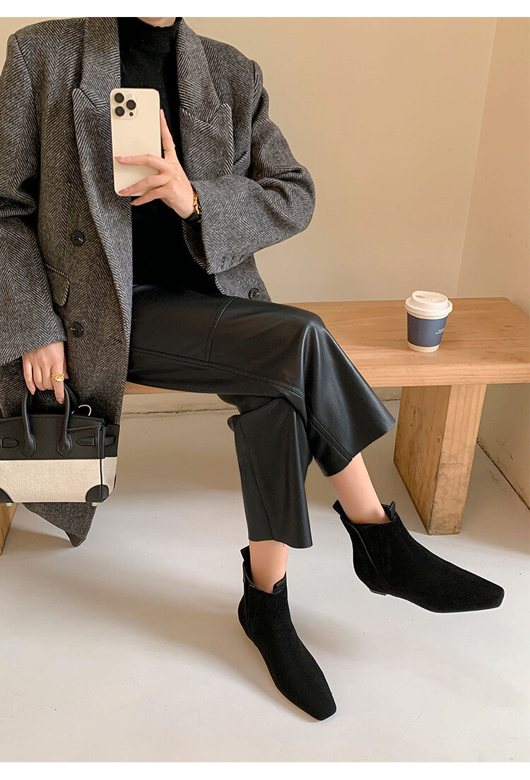 Karin Luna Classic Style Internal Height Increase Cowhide Leather Small Square Toe Short Fashion Boots