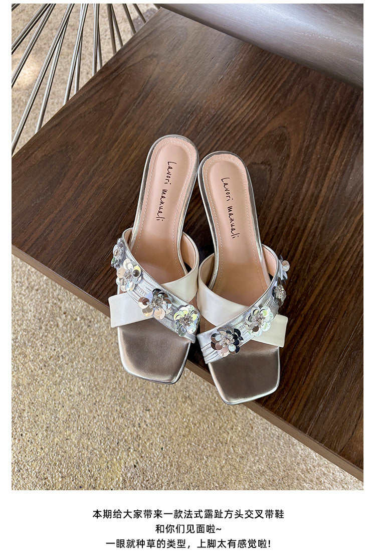 Karin Luna In Stock Spot Goods  Sequin Floral Cross Strap Square Toe Stiletto Slippers