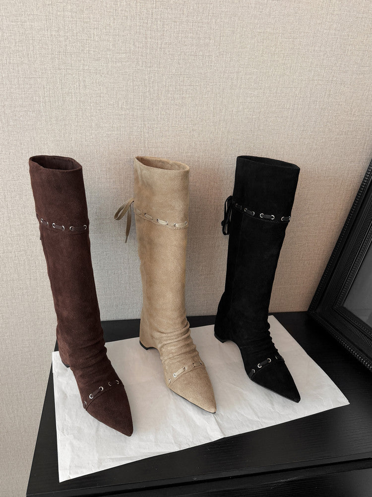 Karin Luna Elegant Style  Pointed Toe Pleated Hidden Wedge Western Boots