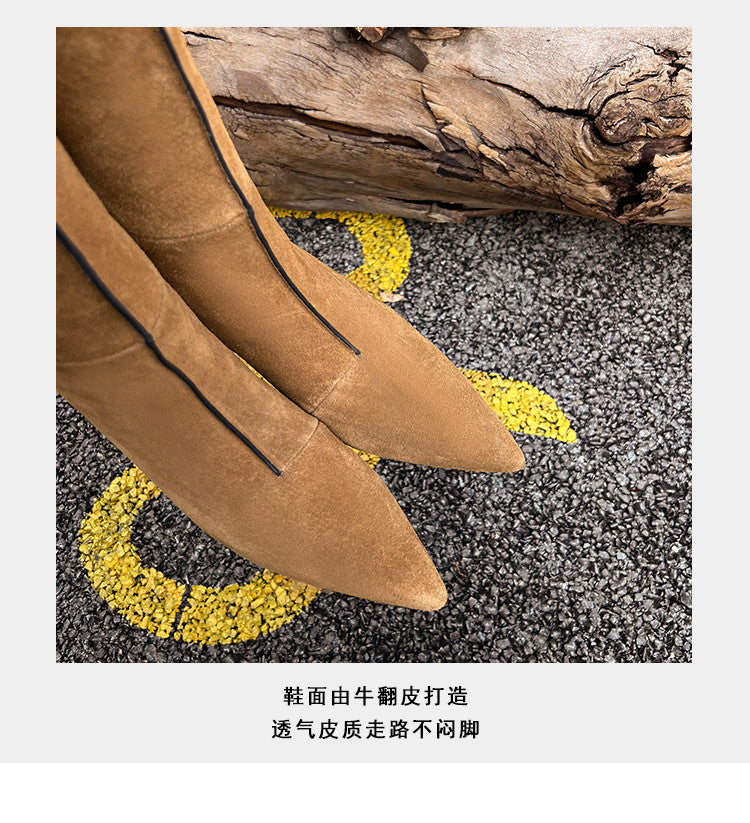 Karin Luna In Stock Spot Goods Retro Cowhide Pointed Toe Stiletto Elegant Long Boots