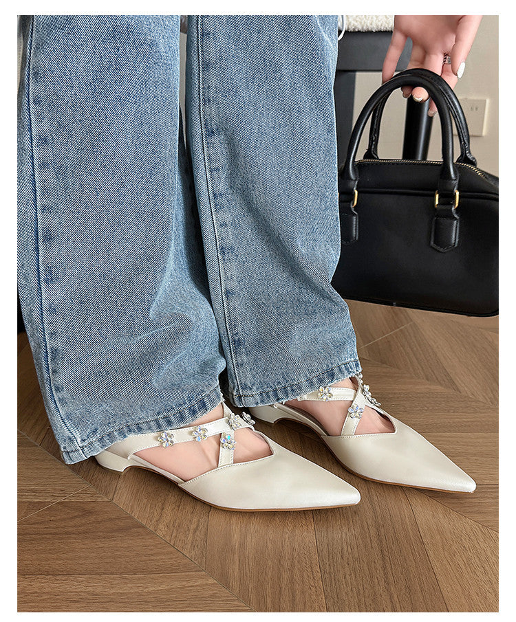 Karin Luna Elegant Pointed Toe Rhinestone Flower High Heel Mules