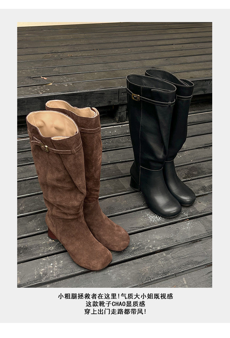Karin Luna In Stock In Stock Mango Head Large Tube Belt Buckle Chunky Heel Long Boots