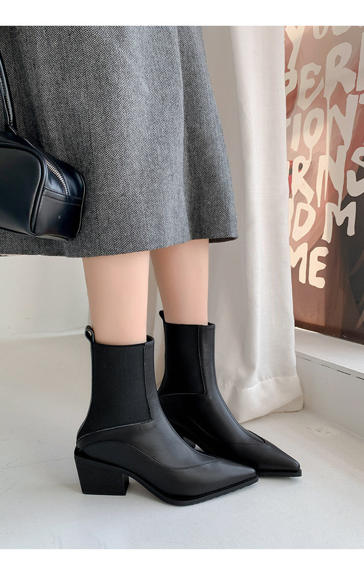 Karin Luna In Stock Spot Goods   Elegant Pointed Toe Chunky Heel Ankle Boots