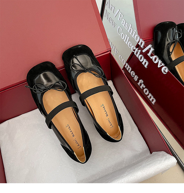 Karin Luna In Stock Spot Goods    Color Block Cowhide Leather Square Toe Slip-On Height Increasing Bowknot Flats