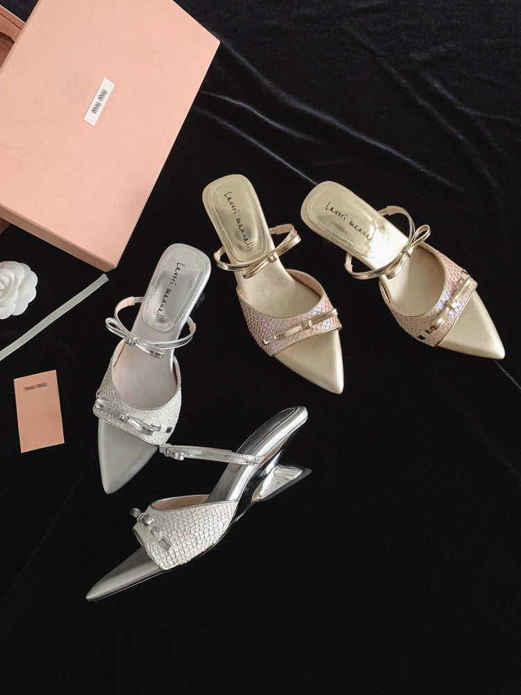 Karin Luna Fish Skin Series~Pointed Toe Irregular Heel Bowknot Strap Slippers