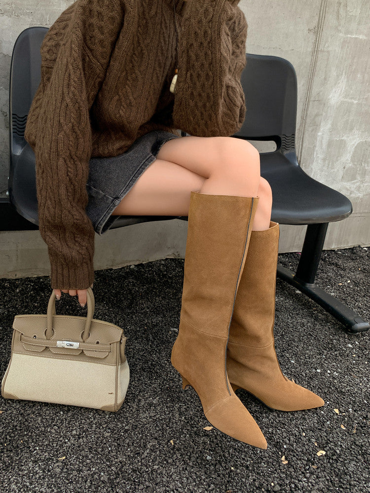 Karin Luna In Stock Spot Goods Retro Cowhide Pointed Toe Stiletto Elegant Long Boots