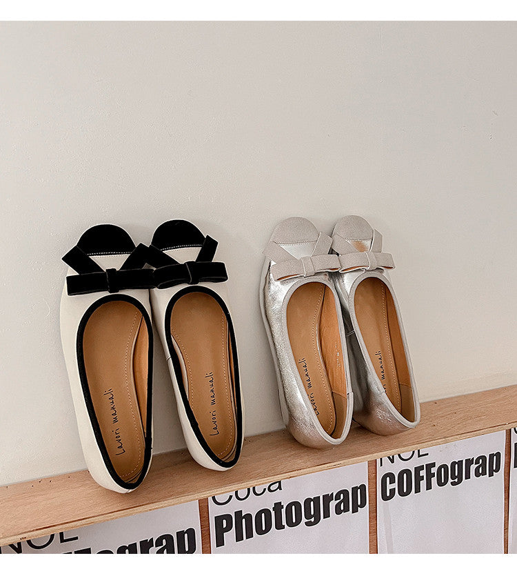Karin Luna In Stock Spot Goods    Color Block Sweet Bowknot Hidden Wedge Shallow Mouth Flats