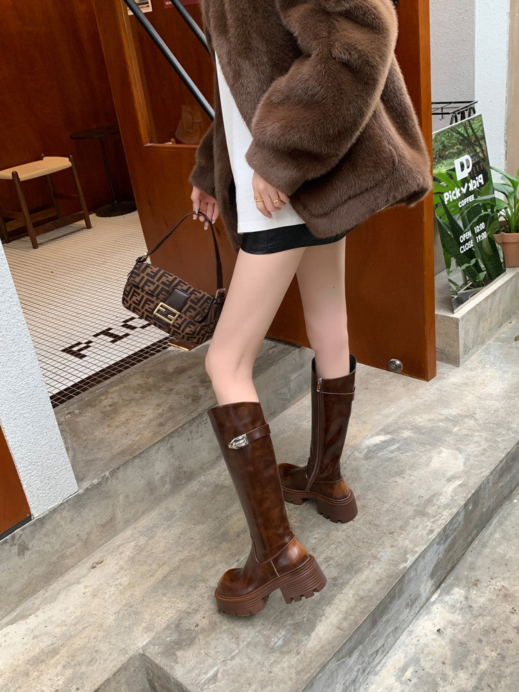 Karin Luna In Stock In Stock  Round Toe Thick Sole Belt Buckle Side Zipper Knight Boots