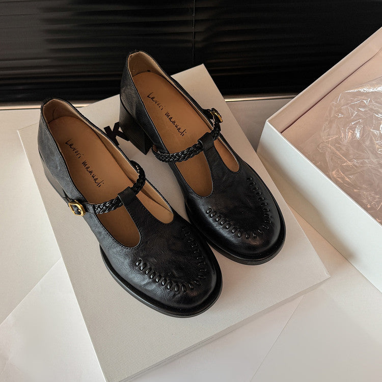 Karin Luna In Stock Spot Goods Vintage Braided Twist High Heels T Round Toe Thick Sole Single Shoes
