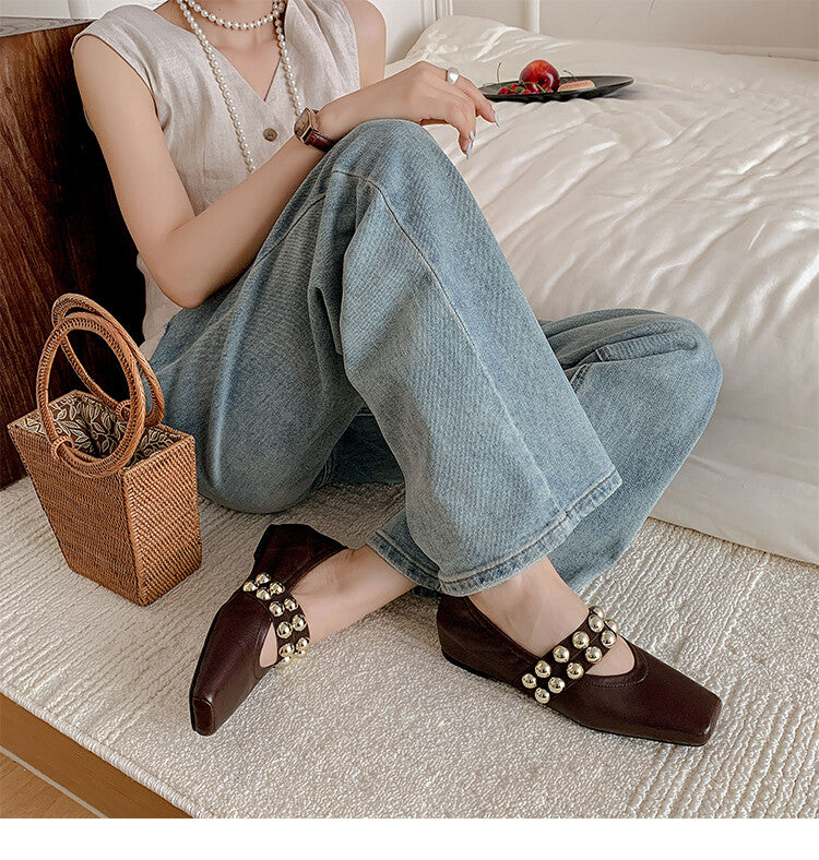 Karin Luna In Stock Spot Goods  Pig Nose Metal Strap Super Soft Granny Full Leather Mary Jane Shoes