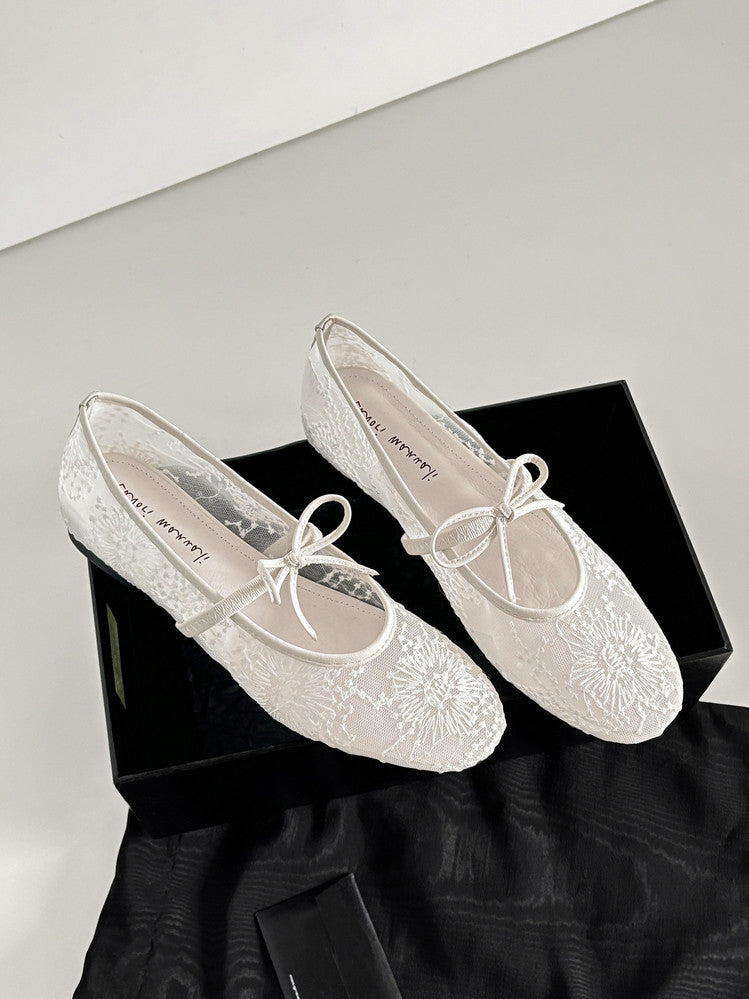 Karin Luna In Stock Spot Goods  Summer Breathable Retro Embroidered Bow Granny Shoes