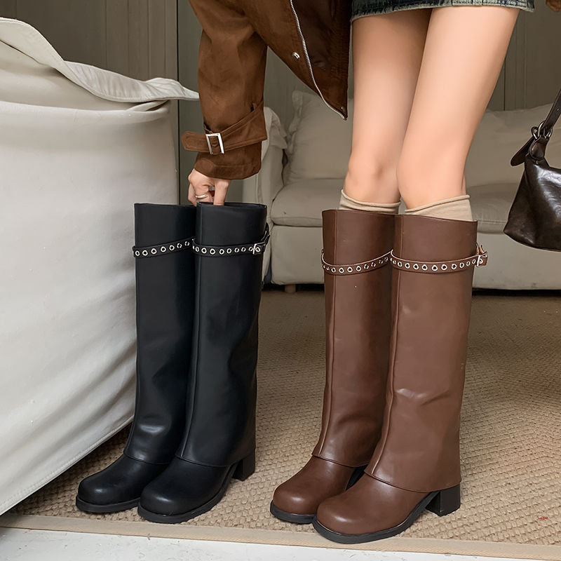 Karin Luna In Stock Spot Goods Belt Buckle Color-Washed Casual Thick-Soled Bootcut Pants Boots