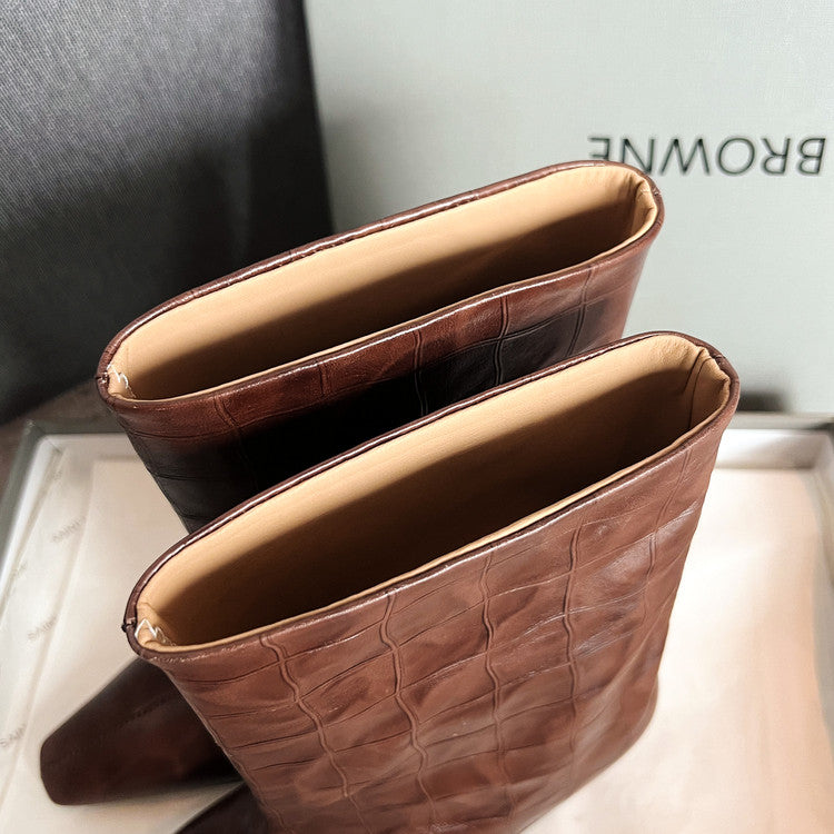 Karin Luna In Stock Spot Goods Top Layer Stone Pattern Cowhide Textured Small Square Toe Straight Short Boots