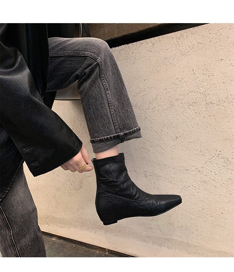 Karin Luna In Stock Spot Goods Slim Series  Hidden Wedge Small Square Toe Back Zipper Short Boots