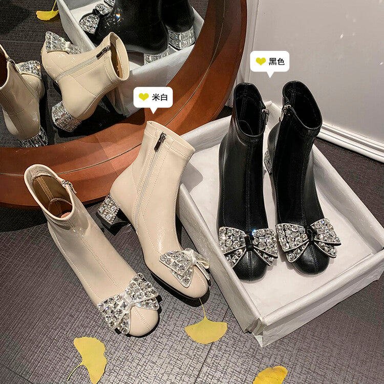 Karin Luna In Stock   Rhinestone Bow Thick Heel Slim Boots