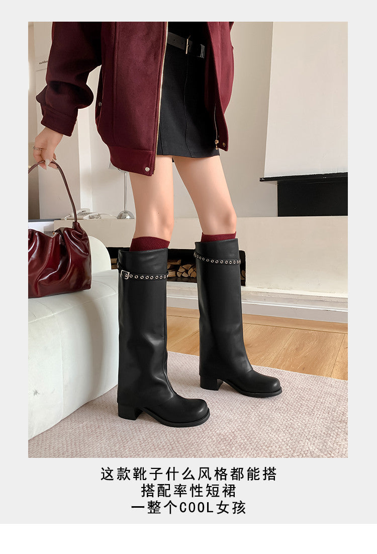 Karin Luna In Stock Spot Goods Belt Buckle Color-Washed Casual Thick-Soled Bootcut Pants Boots