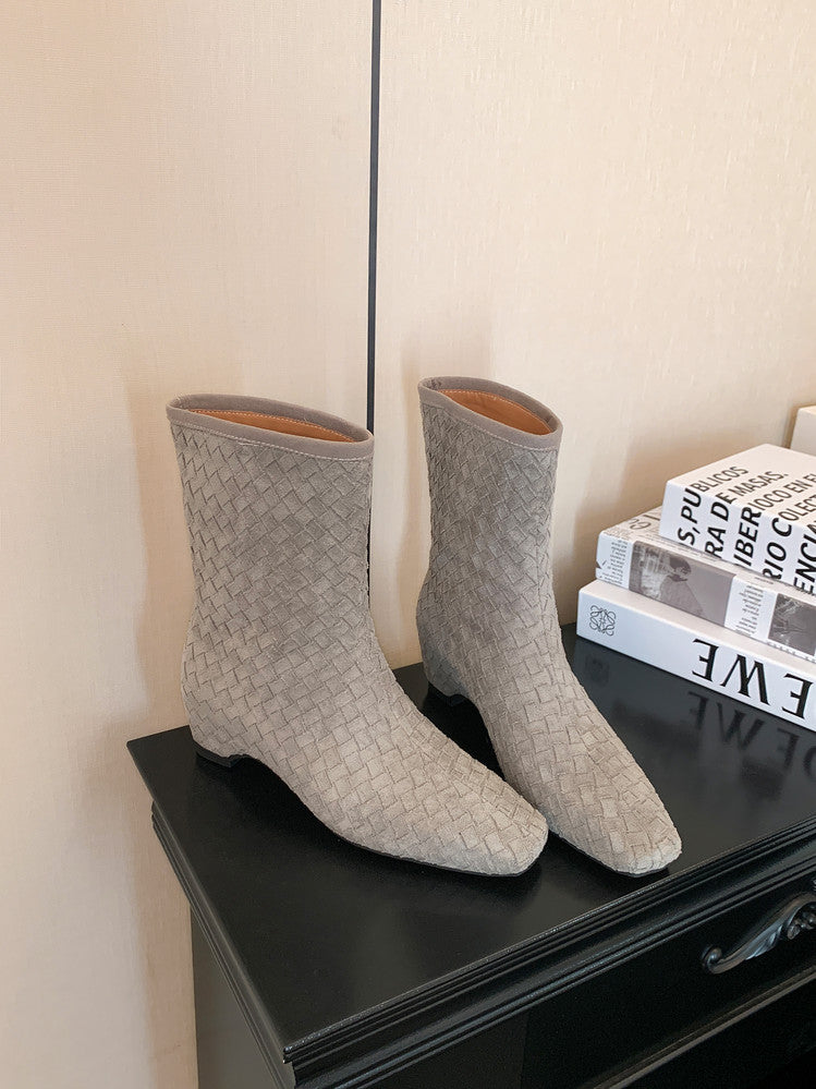 Karin Luna Handmade Woven Fabric Small Square Toe Hidden Heel Short Boots