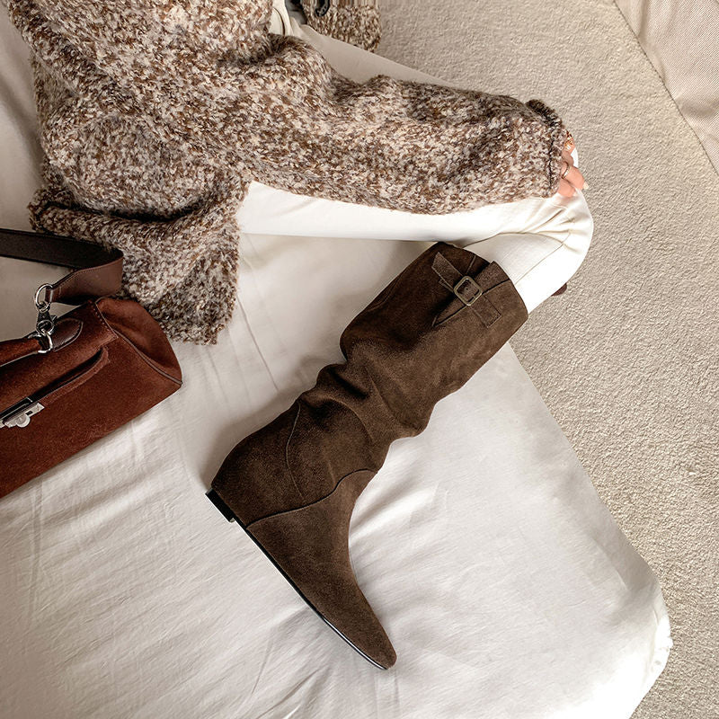 Karin Luna In Stock Spot Goods Vintage Cowhide Leather Chunky Heel Height Increasing Long Boots