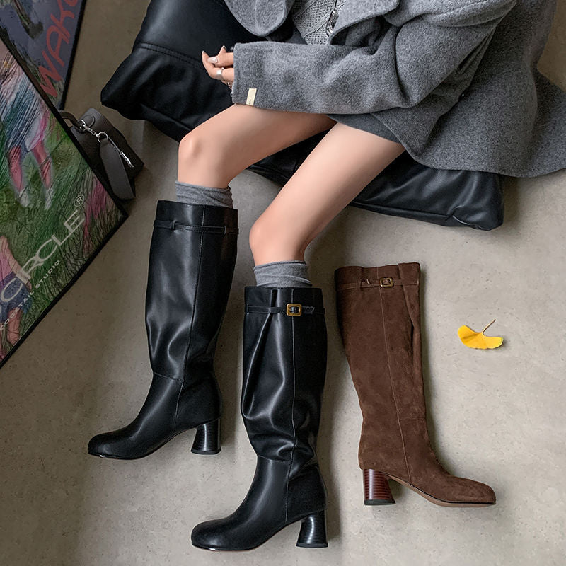 Karin Luna In Stock In Stock Mango Head Large Tube Belt Buckle Chunky Heel Long Boots