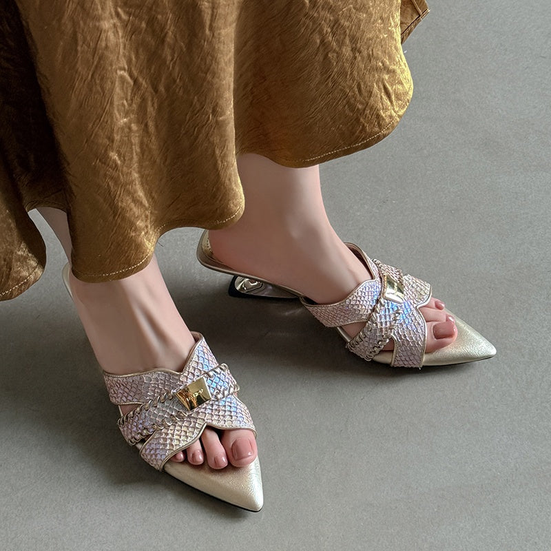 Karin Luna Fish Skin Series~Minimalist Pointed Toe Hot-Selling Unique Heel Slippers