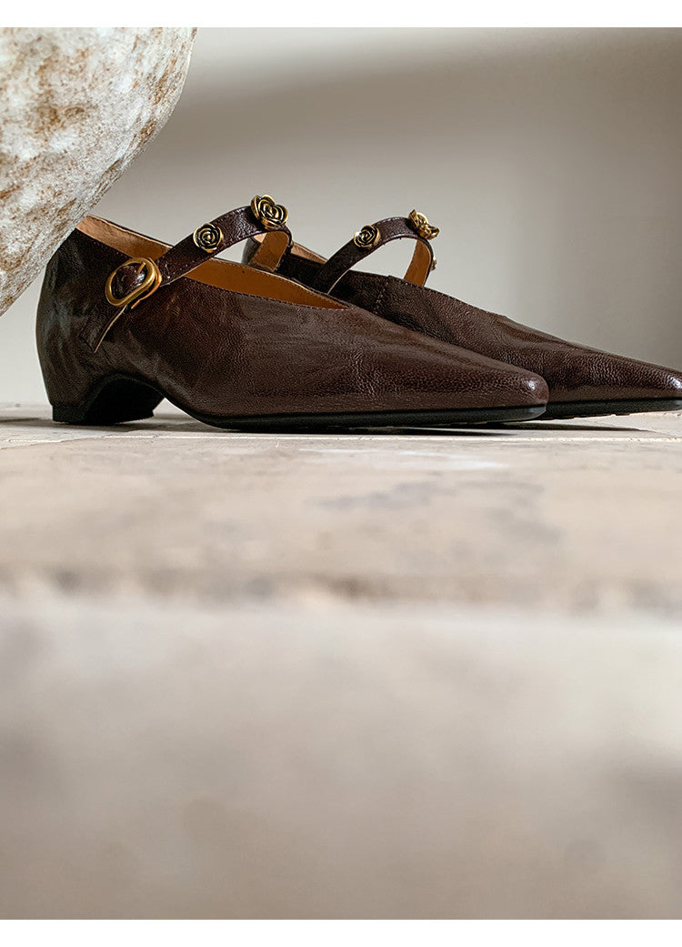 Karin Luna In Stock Spot Goods    Retro Classic Metal Camellia Irregular Heel Single Shoes