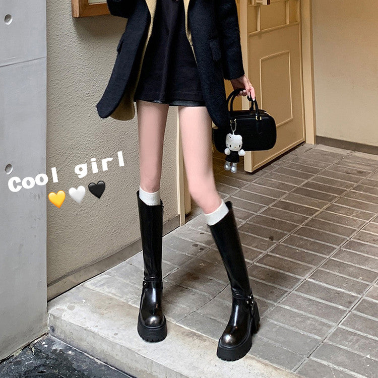 Karin Luna In Stock Spot Goods Round Toe Thick Sole Belt Buckle Straight Long Boots