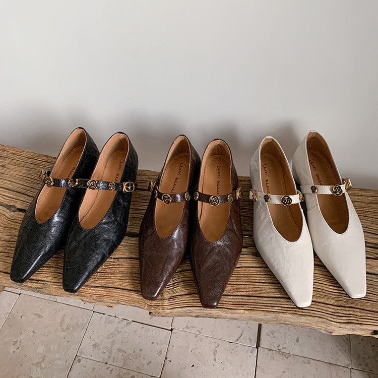 Karin Luna In Stock Spot Goods    Retro Classic Metal Camellia Irregular Heel Single Shoes