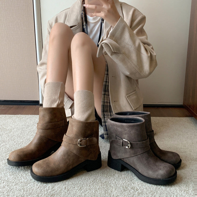Karin Luna In Stock Spot Goods Versatile Basic Round Toe Belt Buckle Thick Sole Tube Boots