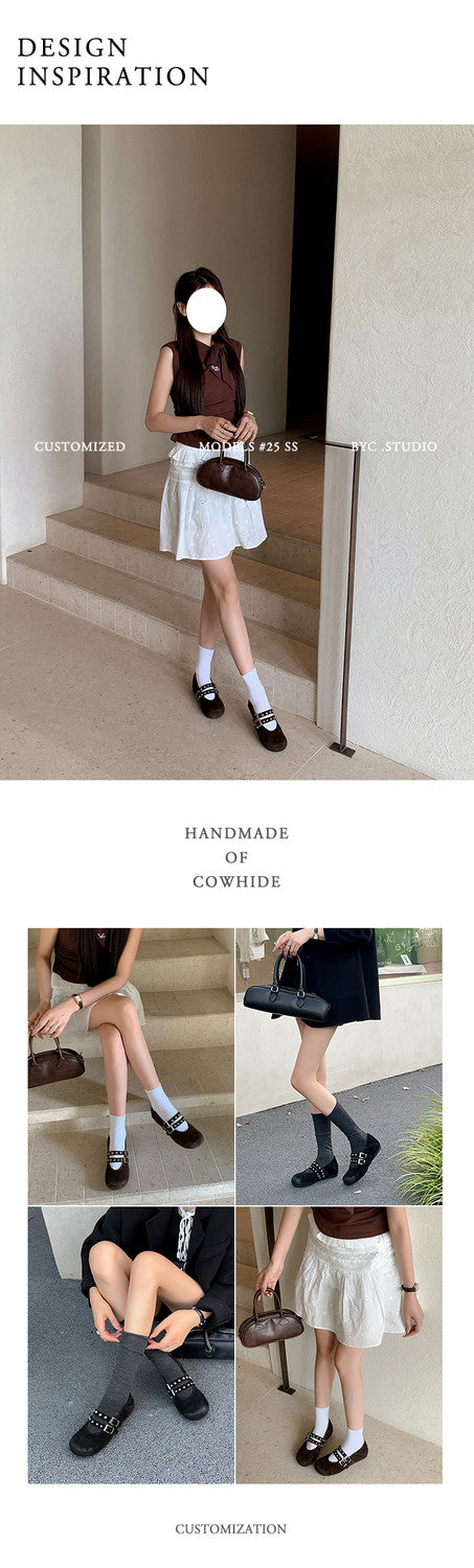 Karin Luna Hot Item Hot Item Punk Style One-Strap Round-Toe Suede Leather Height-Increasing Flats