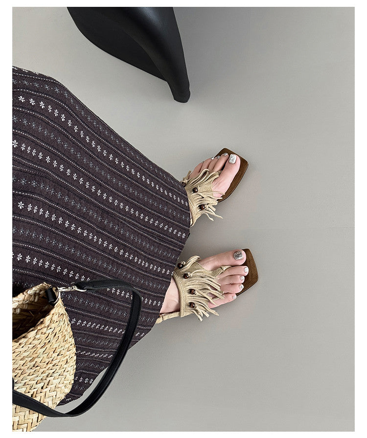 Karin Luna  Tassel Series~Spot Goods  In-stock Clip-toe Square Toe Sandals