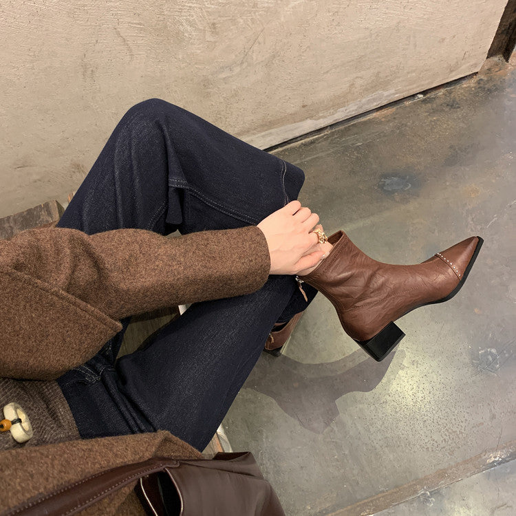 Karin Luna In Stock In Stock Slim Boots Series~Pointed Toe Rivet Slim Short Boots