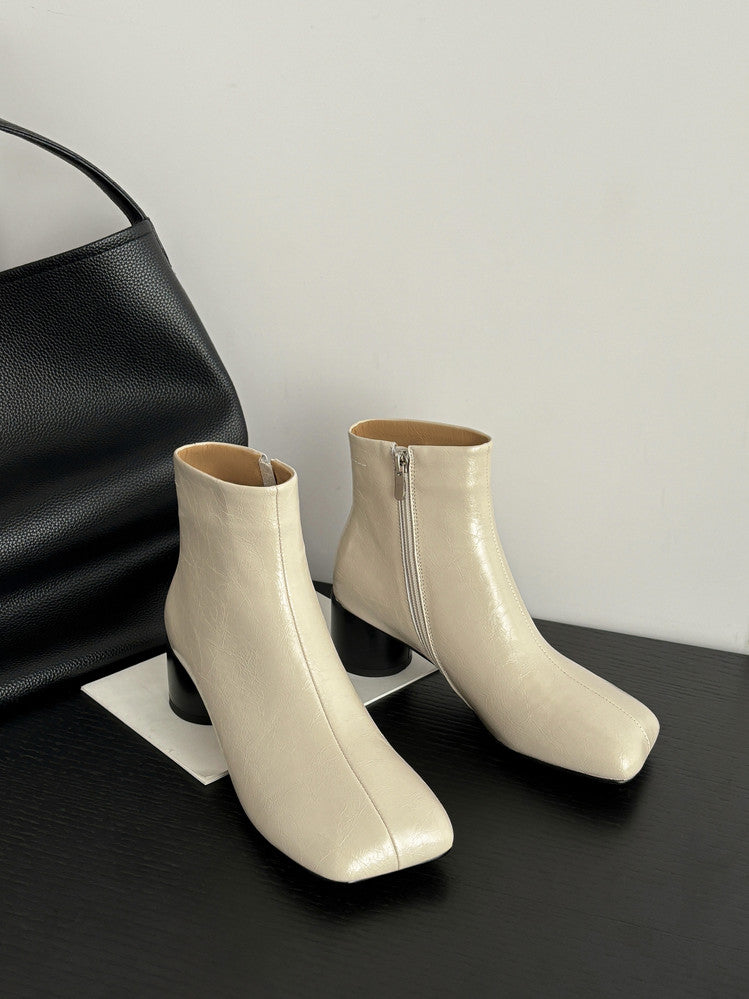 Karin Luna French Style Square Toe Chunky Heel Ankle Boots