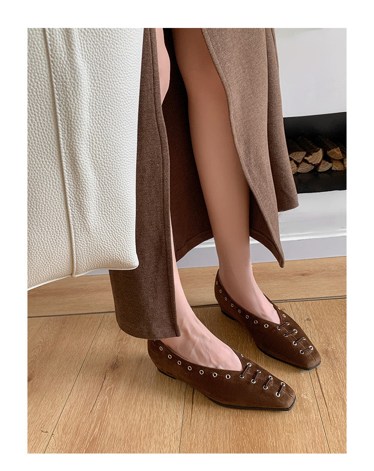 Karin Luna In Stock Spot Goods    Old Money Style Square Toe Suede Flats