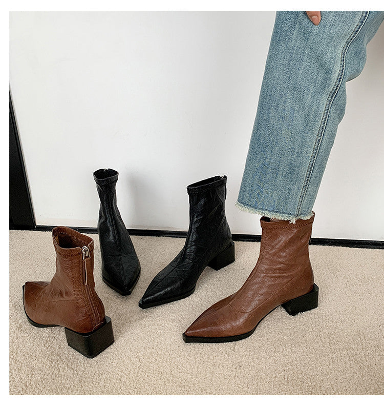 Karin Luna Elegant Style Pointed Toe Chunky Heel Short Boots